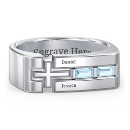 Men’s Squared Cross Ring with Baguette Gemstones in 925 Sterling Silver with Blue Topaz