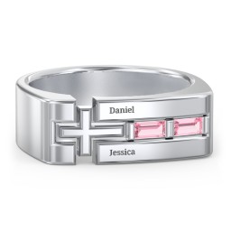 Men’s Squared Cross Ring with Baguette Gemstones in 925 Sterling Silver with Pink Tourmaline