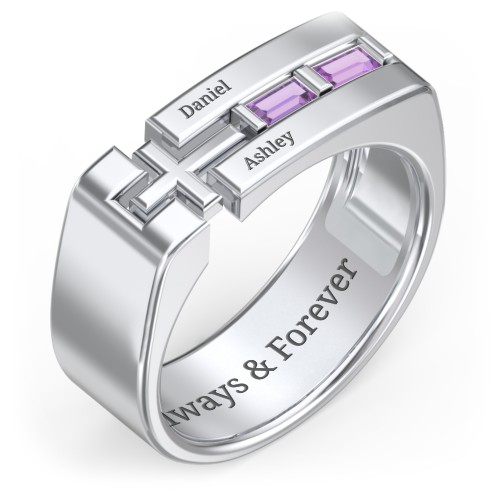 Men’s Squared Cross Ring with Baguette Gemstones – Sterling Silver with Amethyst