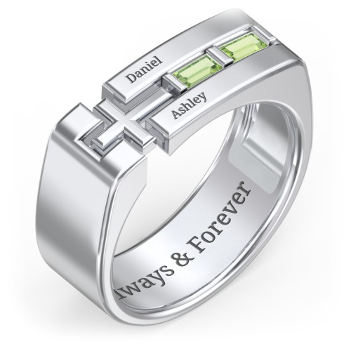 Men’s Squared Cross Ring with Baguette Gemstones – Sterling Silver with Peridot