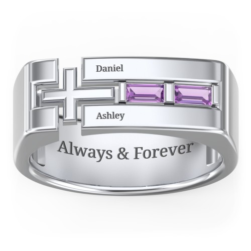 Men’s Squared Cross Ring with Baguette Gemstones – Sterling Silver with Amethyst