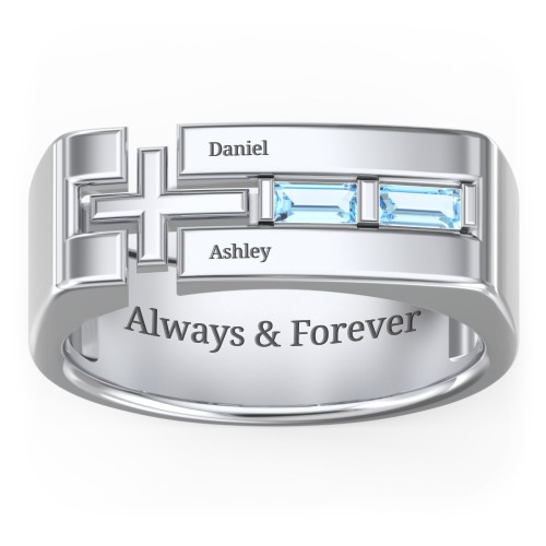 Men’s Squared Cross Ring with Baguette Gemstones – Sterling Silver with Blue Topaz