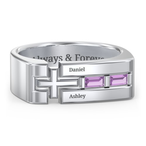 Men’s Squared Cross Ring with Baguette Gemstones – Sterling Silver with Amethyst