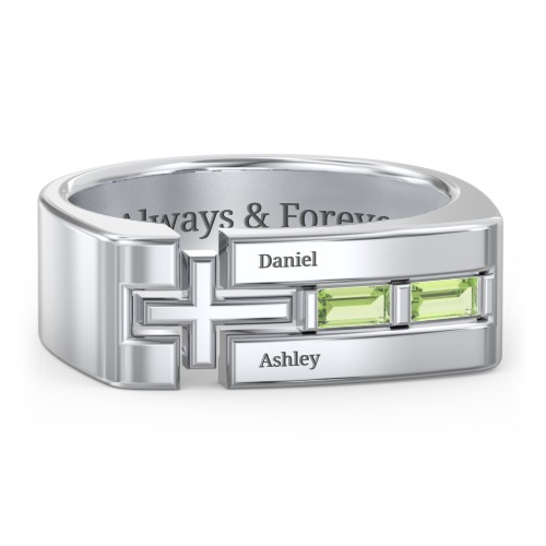 Men’s Squared Cross Ring with Baguette Gemstones – Sterling Silver with Peridot