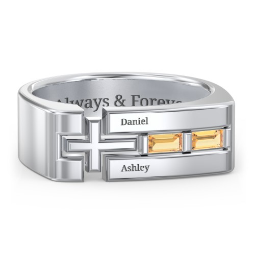 Men’s Squared Cross Ring with Baguette Gemstones – Sterling Silver with Citrine