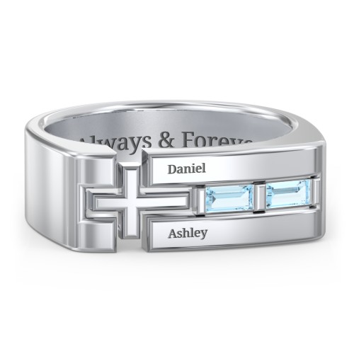 Men’s Squared Cross Ring with Baguette Gemstones – Sterling Silver with Blue Topaz