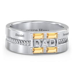 Men’s “Dad” Ring with Baguette Cut Gemstones in 925 Sterling Silver with Citrine