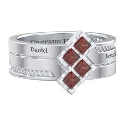 Men’s Family Ring with Princess Cut Stones in 925 Sterling Silver with Garnet