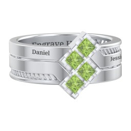 Men’s Family Ring with Princess Cut Stones in 925 Sterling Silver with Peridot