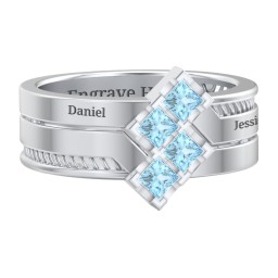 Men’s Family Ring with Princess Cut Stones in 925 Sterling Silver with Blue Topaz
