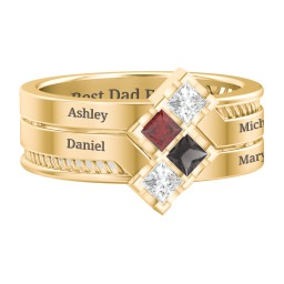 Men’s Family Ring with Princess Cut Stones in 10K Solid Yellow Gold with Cubic Zirconia, Garnet, and Smokey Quartz