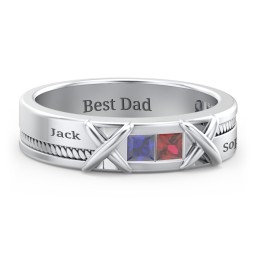 Men's 2-Stone Family Ring with “X” Stitch Detail in 925 Sterling Silver