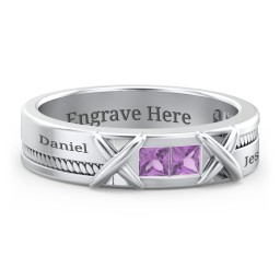 Men's 2-Stone Family Ring with “X” Stitch Detail in 925 Sterling Silver with Amethyst