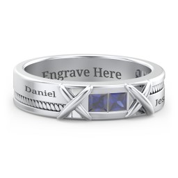 Men's 2-Stone Family Ring with “X” Stitch Detail in 925 Sterling Silver with Blue Sapphire