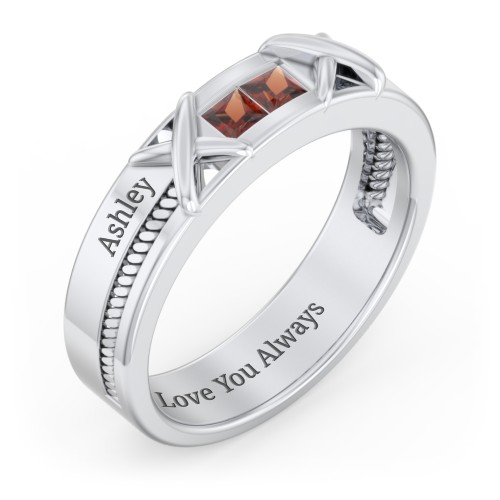 Men's 2-Stone Family Ring with “X” Stitch Detail – Sterling Silver with Garnet
