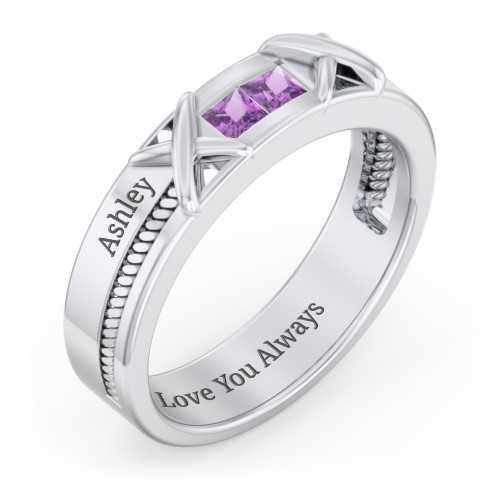 Men's 2-Stone Family Ring with “X” Stitch Detail – Sterling Silver with Amethyst