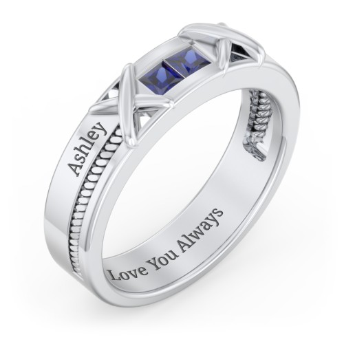 Men's 2-Stone Family Ring with “X” Stitch Detail – Sterling Silver with Blue Sapphire