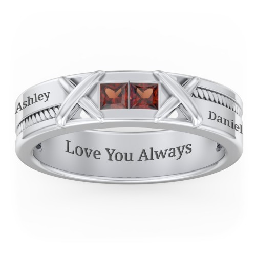 Men's 2-Stone Family Ring with “X” Stitch Detail – Sterling Silver with Garnet