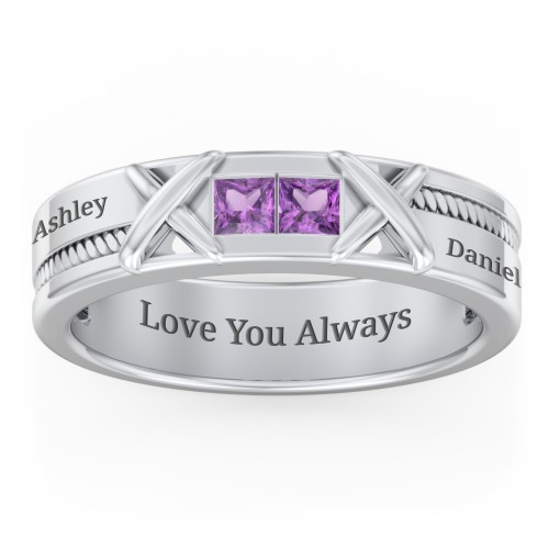 Men's 2-Stone Family Ring with “X” Stitch Detail – Sterling Silver with Amethyst
