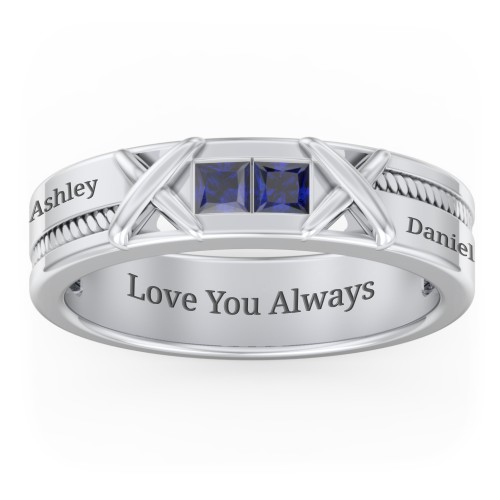 Men's 2-Stone Family Ring with “X” Stitch Detail – Sterling Silver with Blue Sapphire