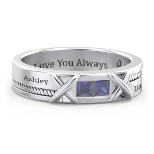 Men's 2-Stone Family Ring with “X” Stitch Detail – Sterling Silver with Blue Sapphire