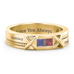 Men's 2-Stone Family Ring with “X” Stitch Detail in 10K Solid Yellow Gold with Blue Sapphire and Garnet