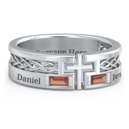 Men’s Cross Ring with East-West Baguette Gemstones in 925 Sterling Silver with Garnet