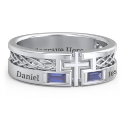 Men’s Cross Ring with East-West Baguette Gemstones in 925 Sterling Silver with Blue Sapphire