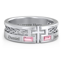Men’s Cross Ring with East-West Baguette Gemstones in 925 Sterling Silver with Pink Tourmaline