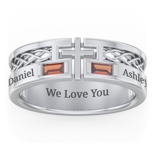 Men’s Cross Ring with East-West Baguette Gemstones – Sterling Silver with Garnet