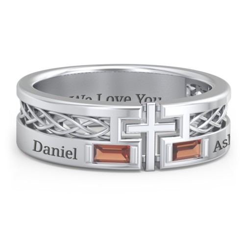 Men’s Cross Ring with East-West Baguette Gemstones – Sterling Silver with Garnet