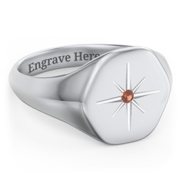 Men’s Star Set Hexagon Signet Ring in 925 Sterling Silver with Garnet