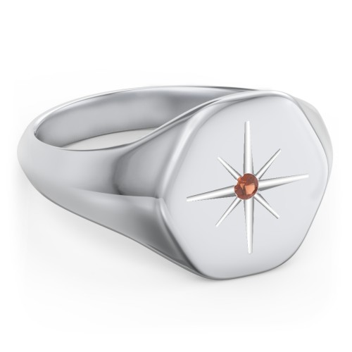 Men’s Star Set Hexagon Signet Ring – Sterling Silver with Garnet