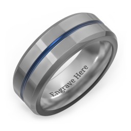 Men's Tungsten Ring with Blue Groove and Beveled Edge in Tungsten