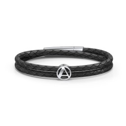 Men’s Leather Sterling Silver Round "A" Initial Bracelet