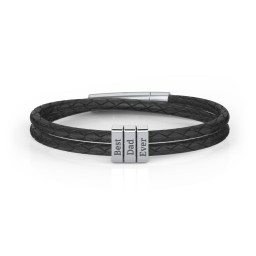 Men’s Engravable Sterling Silver Vertical 3-Bar Leather Bracelet in 925 Sterling Silver