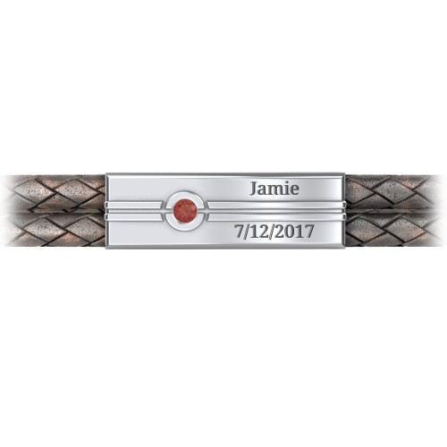 Men’s Antique Brown Leather Sterling Silver Engravable Gemstone Rectangle Bracelet – Sterling Silver with Garnet