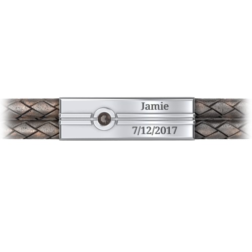 Men’s Antique Brown Leather Sterling Silver Engravable Gemstone Rectangle Bracelet – Sterling Silver with Smokey Quartz