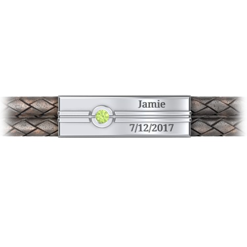 Men’s Antique Brown Leather Sterling Silver Engravable Gemstone Rectangle Bracelet – Sterling Silver with Peridot