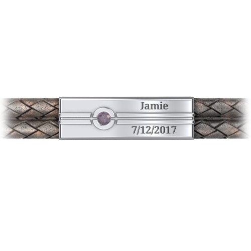 Men’s Antique Brown Leather Sterling Silver Engravable Gemstone Rectangle Bracelet – Sterling Silver with Alexandrite
