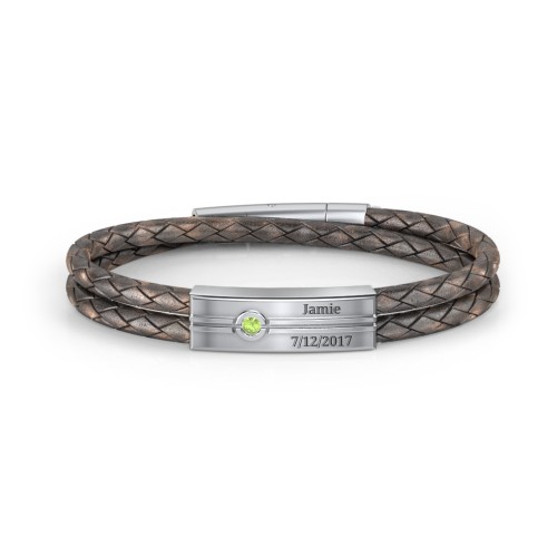 Men’s Antique Brown Leather Sterling Silver Engravable Gemstone Rectangle Bracelet – Sterling Silver with Peridot