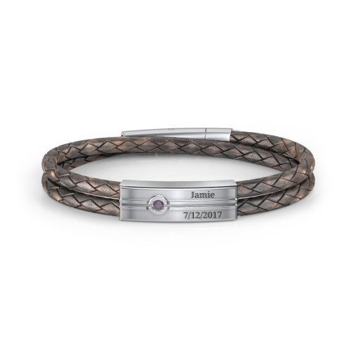 Men’s Antique Brown Leather Sterling Silver Engravable Gemstone Rectangle Bracelet – Sterling Silver with Alexandrite