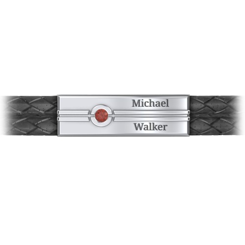 Men’s Black Leather Sterling Silver Engravable Gemstone Rectangle Bracelet – Sterling Silver with Garnet