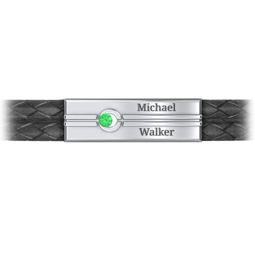 Men’s Black Leather Sterling Silver Engravable Gemstone Rectangle Bracelet – Sterling Silver with Emerald