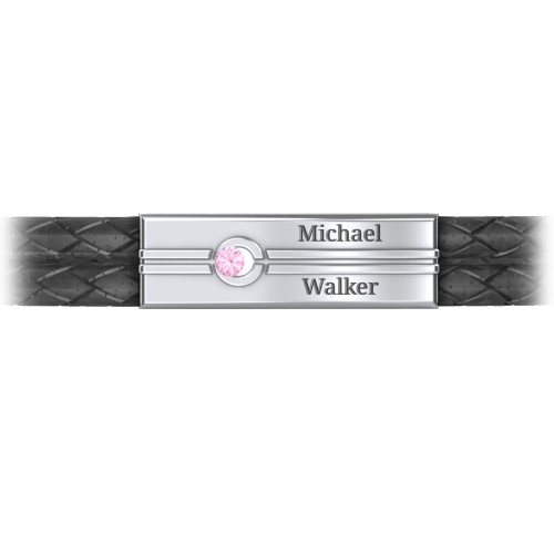 Men’s Black Leather Sterling Silver Engravable Gemstone Rectangle Bracelet – Sterling Silver with Pink Tourmaline