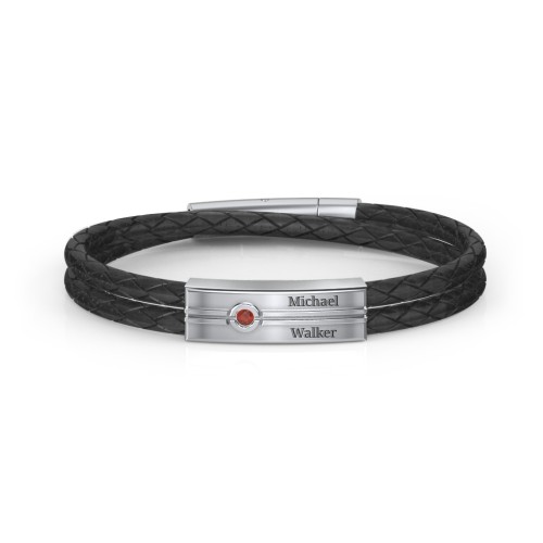 Men’s Black Leather Sterling Silver Engravable Gemstone Rectangle Bracelet – Sterling Silver with Garnet