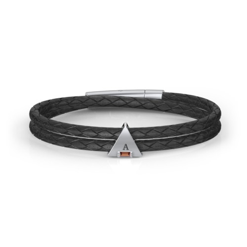 Men’s Leather Sterling Silver Engravable Gemstone Triangle Bracelet – Sterling Silver with Garnet