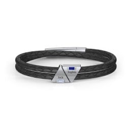 Men’s Leather Sterling Silver 2 Engravable Gemstone Triangle Bracelet in 925 Sterling Silver