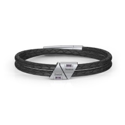 Men’s Leather Sterling Silver 2 Engravable Gemstone Triangle Bracelet in 925 Sterling Silver with Alexandrite, Smokey Quartz, and Blue Topaz