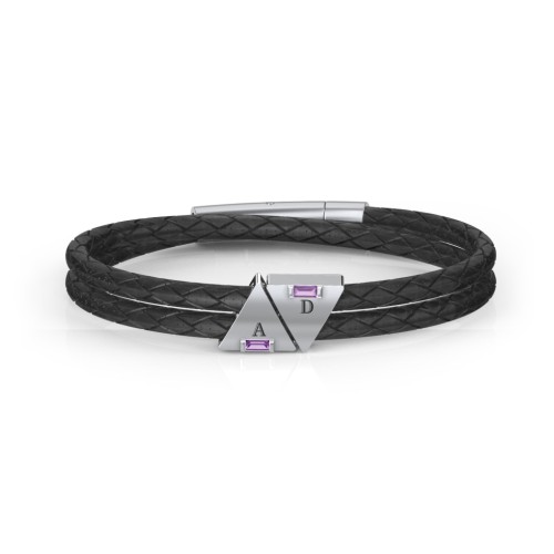 Men’s Leather Sterling Silver 2 Engravable Gemstone Triangle Bracelet – Sterling Silver with Amethyst